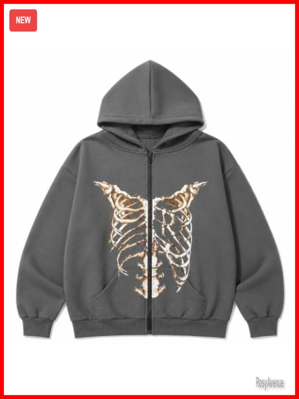 Skeleton Zip-Up Hoodie Gothic Y2K Rib Cage Spine Graphic Fleece